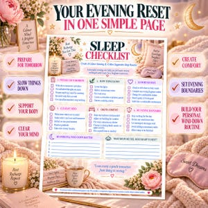 Sleep routine printable with evening checklist sections for preparing for tomorrow, supporting your body, clearing your mind, creating comfort and building a personal wind-down routine.