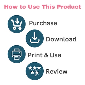 May include: A graphic with the text "How to Use This Product" in pink. The steps are illustrated with icons and text: Purchase, Download, Print & Use, and Review. The icons are in dark teal circles.