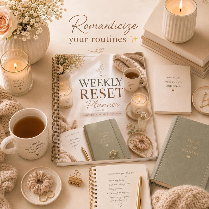 May include: A flat lay featuring a weekly reset planner, notebooks, candles, and a mug of tea. The planner and notebooks are sage green. The text "Romanticize your routines" is at the top. The planner reads "Weekly Reset Planner".