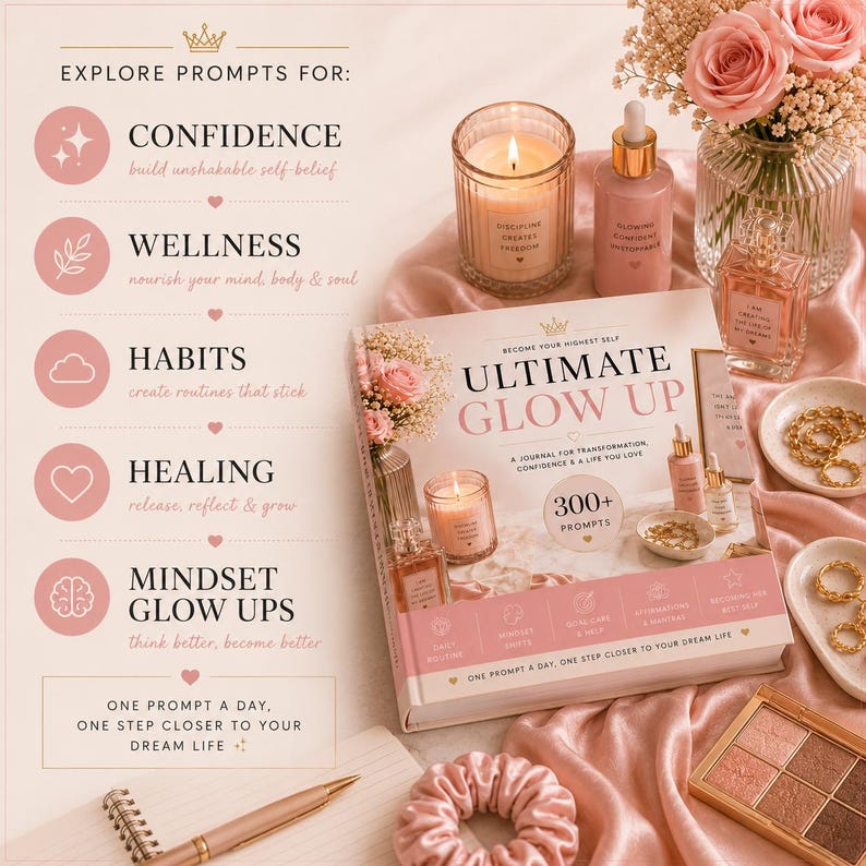 May include: A journal titled "ULTIMATE GLOW UP" with the text "300+ PROMPTS" is surrounded by beauty products, a lit candle, and a pen. The journal is on a pink satin cloth with a floral arrangement and jewelry.