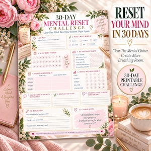 Op de afbeelding: Een printbaar plannerblad voor een 30-daagse mentale reset-uitdaging met bloemenranden, genummerde trackingcirkels en secties voor dagelijkse gewoontes, wekelijkse check-ins en reflecties. De tekst bevat 30-DAY MENTAL RESET CHALLENGE, RESET YOUR MIND IN 30 DAYS en diverse prompts voor het bijhouden van persoonlijk welzijn.