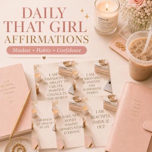 May include: A set of affirmation cards with the text DAILY THAT GIRL AFFIRMATIONS, Mindset, Habits, Confidence, and various phrases like I AM CONFIDENT IN MY ABILITY TO CREATE POSITIVE CHANGE IN THE WORLD, surrounded by a candle, pen, and planner.