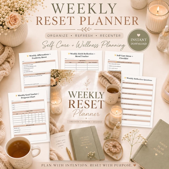 Weekly Reset Planner Printable Self Care & Wellness Planner Sunday Reset Routine Workbook PDF Feminine Productivity Planner Tracker 224