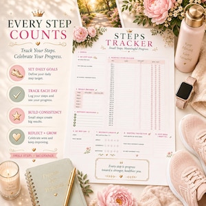 Può includere: Un foglio per il monitoraggio dei passi con accenti floreali rosa, che include sezioni per obiettivi mensili, registri giornalieri e riflessioni. Il testo recita Every Step Counts, Steps Tracker e Small Steps. Meaningful Progress.
