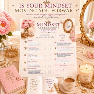 May include: A mindset assessment worksheet featuring sections for self-talk, growth mindset, perspective, belief, and mental alignment. The document includes scoring instructions, a results guide, and reflection prompts, decorated with pink floral and crown motifs.
