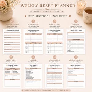 May include: A Weekly Reset Planner with key sections for reflection, habit tracking, mood tracking, gratitude, and more. The planner includes sections for Sunday reset, self-care, goal planning, and wellness check-ins. The text reads "Weekly Reset Planner" and "Designed to help you reset, refocus & realign - one week at a time."