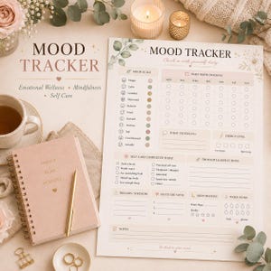 May include: A mood tracker paper sheet with sections for daily mood, energy level, self-care, thoughts, and water intake. The design features soft beige tones, floral accents, and text including "MOOD TRACKER" and "Check in with yourself daily."