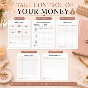 K&ouml;nnte beinhalten: Ein Set aus f&uuml;nf Finanzplanungsbl&auml;ttern mit den Titeln Monthly Budget, Annual Finance Summary, Expense Tracker, Savings Tracker und Debt Payoff Tracker. Jedes Blatt enth&auml;lt organisierte Spalten und Zeilen zur Erfassung von Einnahmen und Ausgaben.