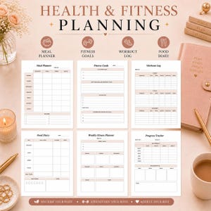K&ouml;nnte beinhalten: Ein Set aus sechs druckbaren Gesundheits- und Fitness-Planungsbl&auml;ttern, bestehend aus Essensplaner, Fitnesszielen, Trainingstagebuch, Ern&auml;hrungstagebuch, w&ouml;chentlichem Fitnessplaner und Fortschrittsverfolgung mit wei&szlig;em Hintergrund und rosa Akzenten.