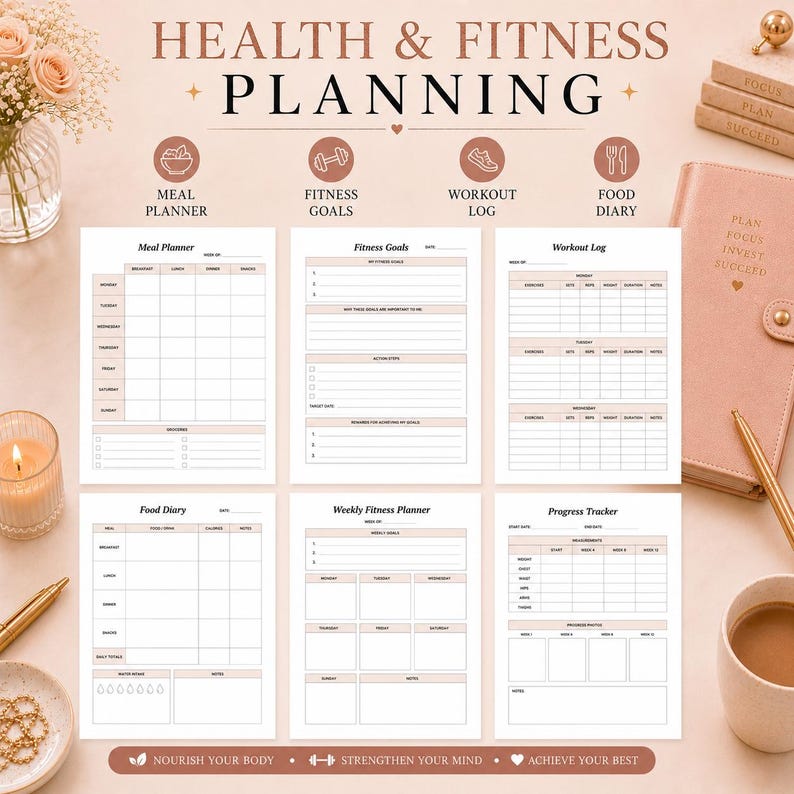 K&ouml;nnte beinhalten: Ein Set aus sechs druckbaren Gesundheits- und Fitness-Planungsbl&auml;ttern, bestehend aus Essensplaner, Fitnesszielen, Trainingstagebuch, Ern&auml;hrungstagebuch, w&ouml;chentlichem Fitnessplaner und Fortschrittsverfolgung mit wei&szlig;em Hintergrund und rosa Akzenten.