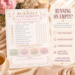 May include: A printed burnout assessment sheet with ten numbered statements to rate from one to five, a total score section, and a score interpretation guide. The document features floral accents, the title Burnout Assessment, and text including Running on Empty and A Gentle First Step Toward More Balance.