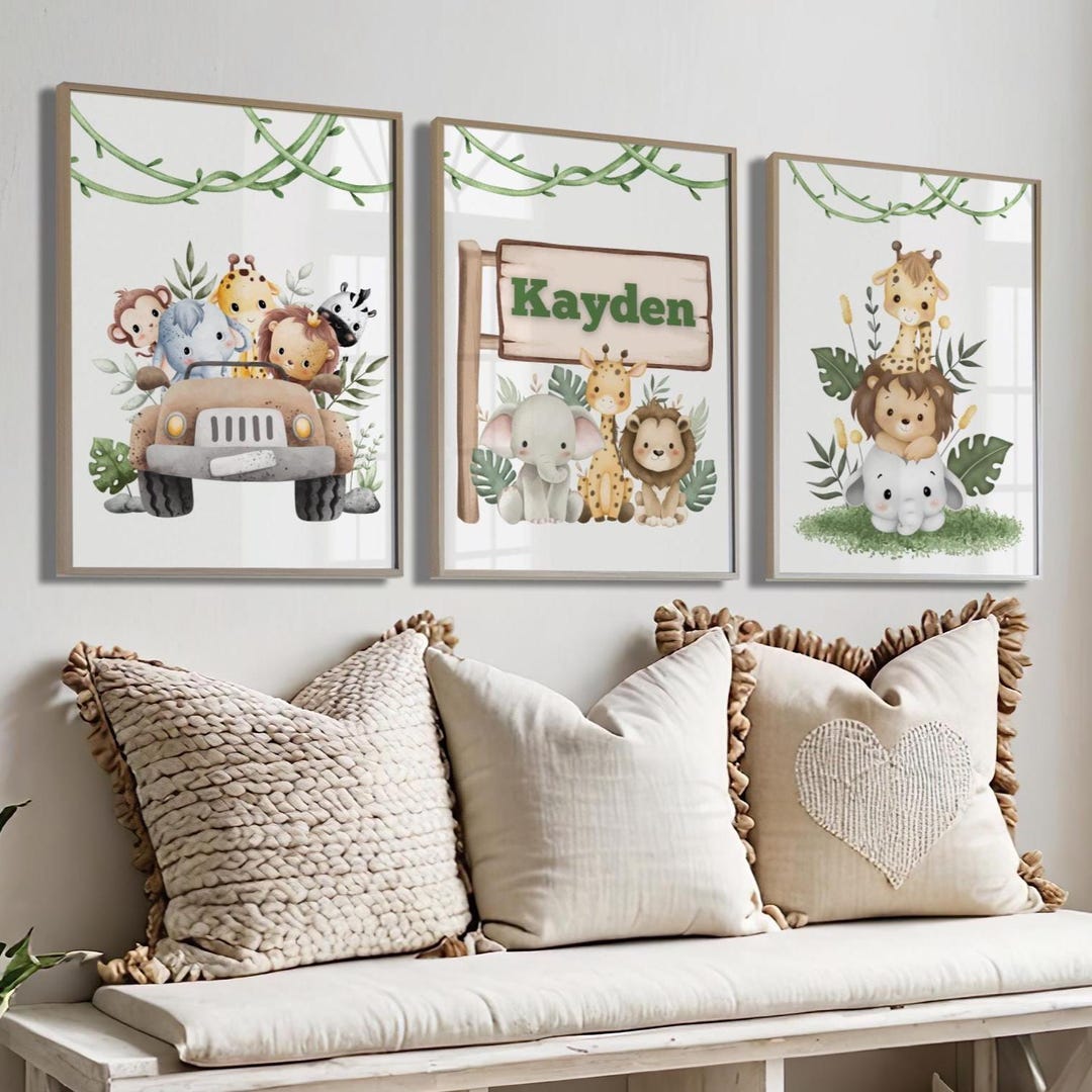 Safari Baby Room Wall Decor Personalized Jungle Animal Nursery Wall Art ...