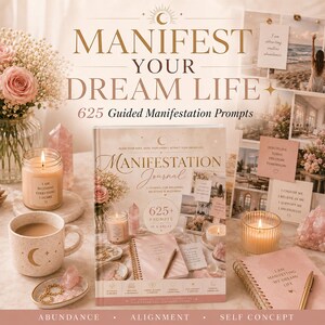 May include: A pink and gold "Manifest Your Dream Life" journal with 625 guided prompts, surrounded by candles, crystals, and a mug. The journal's cover reads "Manifestation Journal" and includes the words "Abundance", "Alignment", and "Self Concept".