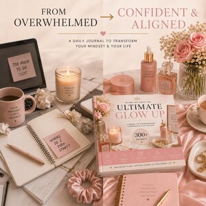 May include: A lifestyle flat lay with a laptop, journal, mug, candle, and beauty products. The journal has the text "Where do I even start?" and the mug says "Slow progress is still progress." The image has a pink and neutral colour scheme.