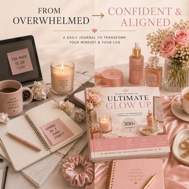 May include: A lifestyle flat lay with a laptop, journal, mug, candle, and beauty products. The journal has the text "Where do I even start?" and the mug says "Slow progress is still progress." The image has a pink and neutral colour scheme.