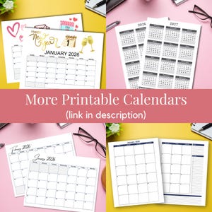 Pode incluir: V&aacute;rios calend&aacute;rios imprim&iacute;veis para 2026 e 2027, com layouts mensais. A imagem tem um fundo rosa e amarelo, com elementos decorativos. O texto inclui "Happy New Year" e "More Printable Calendars".