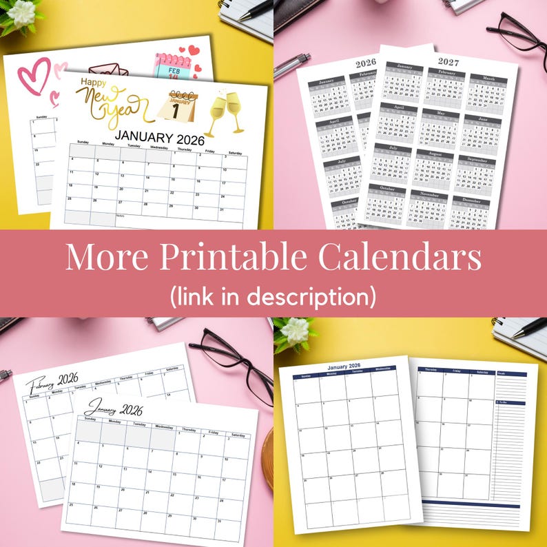 Pode incluir: V&aacute;rios calend&aacute;rios imprim&iacute;veis para 2026 e 2027, com layouts mensais. A imagem tem um fundo rosa e amarelo, com elementos decorativos. O texto inclui "Happy New Year" e "More Printable Calendars".