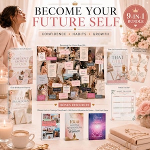 May include: A 9-in-1 bundle featuring the Becoming Your Future Self kit, including a Confidence Growth System, Goal Breakdown Planner, vision board kit, That Girl journal prompts, affirmation cards, habit tracker, and bonus resource guides.