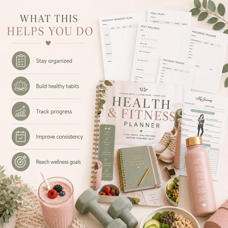 May include: A wellness-themed flat lay featuring a spiral-bound "Health & Fitness Planner" with accompanying workout and meal plan sheets. Also includes a pink water bottle, dumbbells, a smoothie, and a notebook. The text reads "What This Helps You Do: Stay Organized, Build Healthy Habits, Track Progress, Improve Consistency, Reach Wellness Goals."