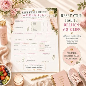 Może przedstawiać: Arkusz roboczy Lifestyle Reset z sekcjami do śledzenia nawyków, wyznaczania celów i codziennych refleksji. Dokument zawiera nagłówki tekstowe, pola wyboru i kwiatowe ilustracje, otoczony butelką na wodę, butami sportowymi i notatnikiem.