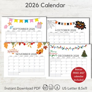 Pode incluir: Um calend&aacute;rio de 2026 com os meses de setembro, outubro, novembro e dezembro. Cada m&ecirc;s tem um tema decorativo diferente, incluindo Halloween e Natal. O calend&aacute;rio &eacute; no formato US Letter, 21,6 x 27,9 cm, e inclui um calend&aacute;rio extra de 2027.