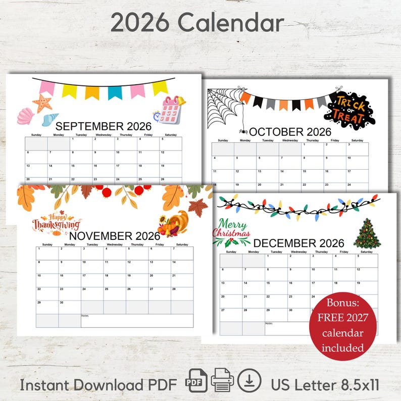 Pode incluir: Um calend&aacute;rio de 2026 com os meses de setembro, outubro, novembro e dezembro. Cada m&ecirc;s tem um tema decorativo diferente, incluindo Halloween e Natal. O calend&aacute;rio &eacute; no formato US Letter, 21,6 x 27,9 cm, e inclui um calend&aacute;rio extra de 2027.