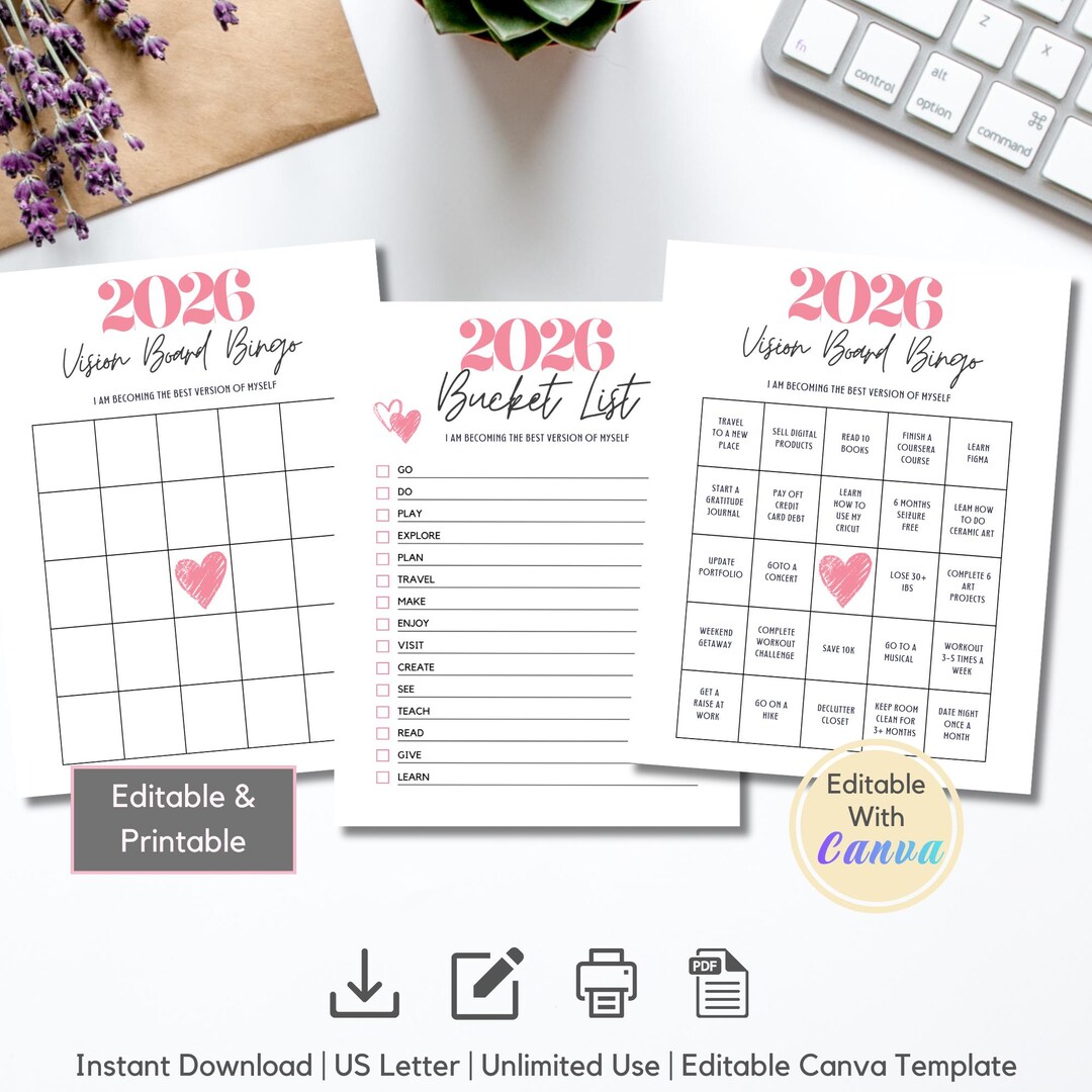 2026 Vision Board Bingo Card Template Editable, Printable Bucket List ...