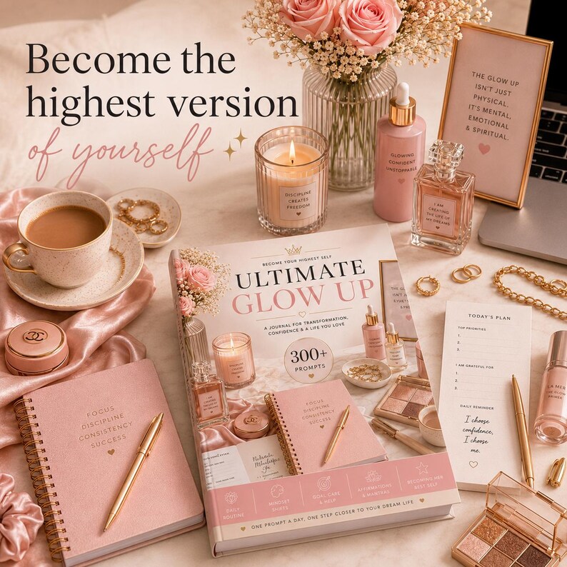 May include: A pink-themed flat lay arrangement with a journal, candles, perfume, and makeup. A cup of tea and a framed quote are also present. The journal has the text "Focus, Discipline, Consistency, Success".