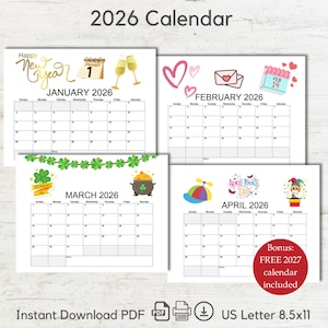 Pode incluir: Calend&aacute;rio de 2026 com janeiro, fevereiro, mar&ccedil;o e abril ilustrados. Cada m&ecirc;s tem um tema diferente. O calend&aacute;rio &eacute; no formato US Letter, cerca de 21,6 x 27,9 cm, e inclui um calend&aacute;rio b&oacute;nus de 2027.