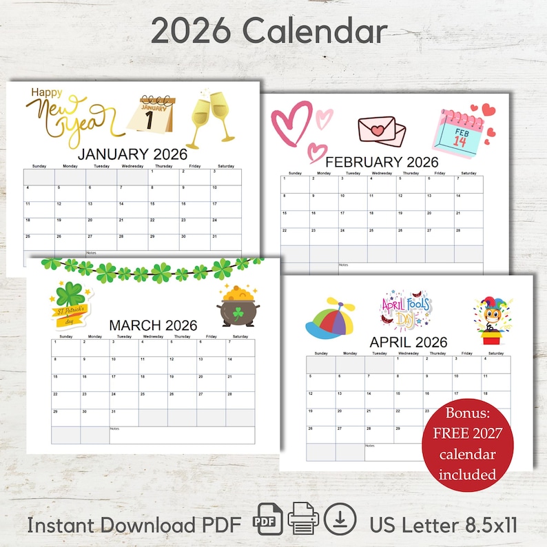 Pode incluir: Calend&aacute;rio de 2026 com janeiro, fevereiro, mar&ccedil;o e abril ilustrados. Cada m&ecirc;s tem um tema diferente. O calend&aacute;rio &eacute; no formato US Letter, cerca de 21,6 x 27,9 cm, e inclui um calend&aacute;rio b&oacute;nus de 2027.