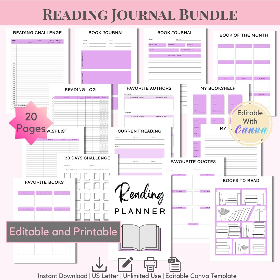 Reading Journal Planner Printable Bundle Coloring Bookshelf Log Read ...