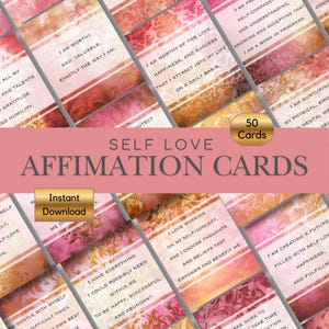 Peut inclure: Un jeu de 50 cartes d'affirmation de l'amour de soi avec un motif floral dans les tons de rose, pêche et or. Les cartes présentent des affirmations positives en texte blanc. Les mots "Self Love Affirmation Cards" sont affichés.