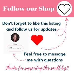 Pode incluir: Gr&aacute;fico rosa e branco com o texto "Follow our Shop". Inclui um cora&ccedil;&atilde;o vermelho, um contorno de cora&ccedil;&atilde;o e o texto "N&atilde;o se esque&ccedil;a de gostar desta listagem e seguir-nos para atualiza&ccedil;&otilde;es". A imagem tamb&eacute;m apresenta uma foto de uma pessoa e o texto "Sinta-se &agrave; vontade para me contactar com perguntas."