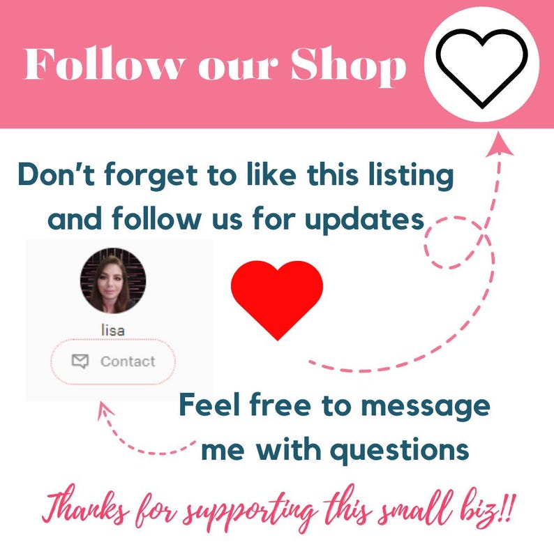 Pode incluir: Gr&aacute;fico rosa e branco com o texto "Follow our Shop". Inclui um cora&ccedil;&atilde;o vermelho, um contorno de cora&ccedil;&atilde;o e o texto "N&atilde;o se esque&ccedil;a de gostar desta listagem e seguir-nos para atualiza&ccedil;&otilde;es". A imagem tamb&eacute;m apresenta uma foto de uma pessoa e o texto "Sinta-se &agrave; vontade para me contactar com perguntas."