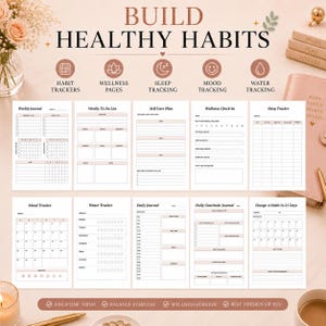 K&ouml;nnte beinhalten: Eine Sammlung von zehn druckbaren Planerseiten mit dem Titel Build Healthy Habits, die Abschnitte f&uuml;r Wochenjournale, Aufgabenlisten, Selbstf&uuml;rsorgepl&auml;ne, Wellness-Check-ins, Schlaf-, Stimmungs- und Wassertracker sowie Dankbarkeit und Gewohnheitsaufbau enthalten.
