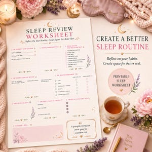 May include: A Sleep Review Worksheet printed on paper with sections for tracking routines, habits, and wind-down plans. The document features text, moon icons, and floral illustrations. It is surrounded by a tea cup, a sleep mask, and a notebook.