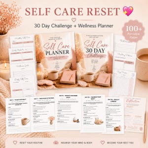 May include: A collection of self-care and wellness products, including a planner, a 30-day challenge guide, and printable pages. The text on the cover reads "Self Care Planner" and "Self Care 30 Day Challenge". The color scheme is soft pink and beige.