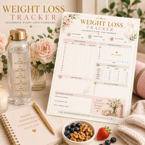 Könnte beinhalten: Ein Gewichtsverlust-Tracker-Blatt mit Blumenmotiven, das Abschnitte für wöchentliches Wiegen, Fortschrittsübersicht, Maße und Reflexionen enthält. Daneben stehen eine klare Wasserflasche mit Zeitmarkierungen, ein Notizbuch und eine Schale mit Walnüssen.