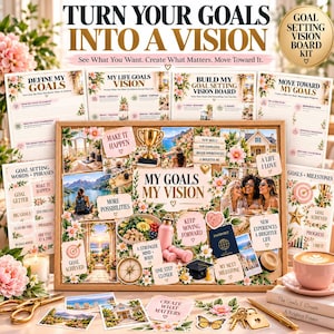 May include: A goal setting vision board kit featuring printed sheets and a cork board decorated with floral accents, motivational text, and images of travel, fitness, and success. The board displays the text My Goals My Vision with various cutouts.