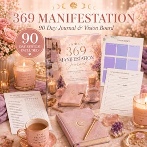 May include: A 369 Manifestation Journal set including a 90-day journal, a vision board, a self-care checklist, and two pink candles with text. The journal cover features a moon design, and the set includes a gold pen and various crystals.