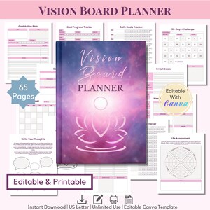 Puede incluir: Un planificador de tablero de visión con una cubierta morada y azul con el texto "Vision Board Planner" y un diseño de flor de loto. El planificador incluye páginas para establecer objetivos, seguimiento del progreso y objetivos diarios. También se ve la frase "Editable & Printable".