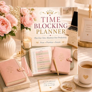 May include: A time blocking planner with a pink cover, gold crown icon, and text reading Time Blocking Planner, Plan Your Time. Maximize Your Productivity. Focus, Prioritize, Execute. Includes a spiral-bound schedule, pink notebooks, and a gold pen.