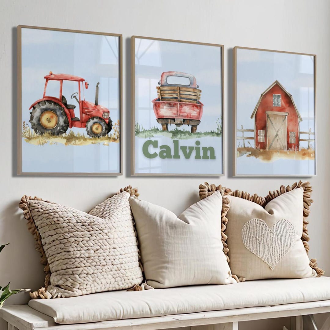 Personalized Farm Nursery Wall Art Set of 3 Prints With Name Tractor ...