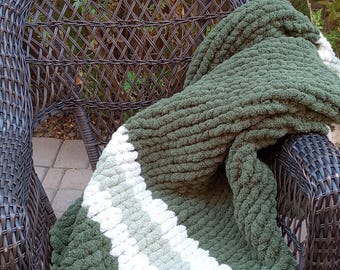 Chunky Knit Throw: Forest Green Striped Lap Blanket