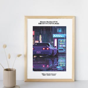 May include: A pixel art illustration of a purple Nissan Skyline GT-R (R32) driving through a rainy city street at night. The car has a Japanese license plate and the text "Nissan Skyline GT-R" and "日産スカイラインGT-R (R32)" is displayed above the car. The text "天フフノ" is displayed on a building in the background. The text "5速マニュアルトランスミッション 生産年:1989年~1994年" is displayed at the bottom of the image.