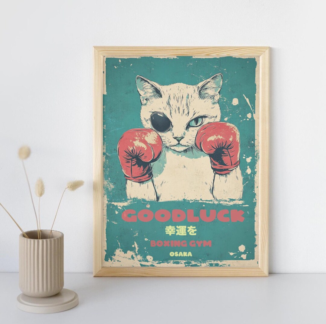 Vintage Japanese Cat Drawing Poster - Boxing Animal Print, Kitchen Wall ...