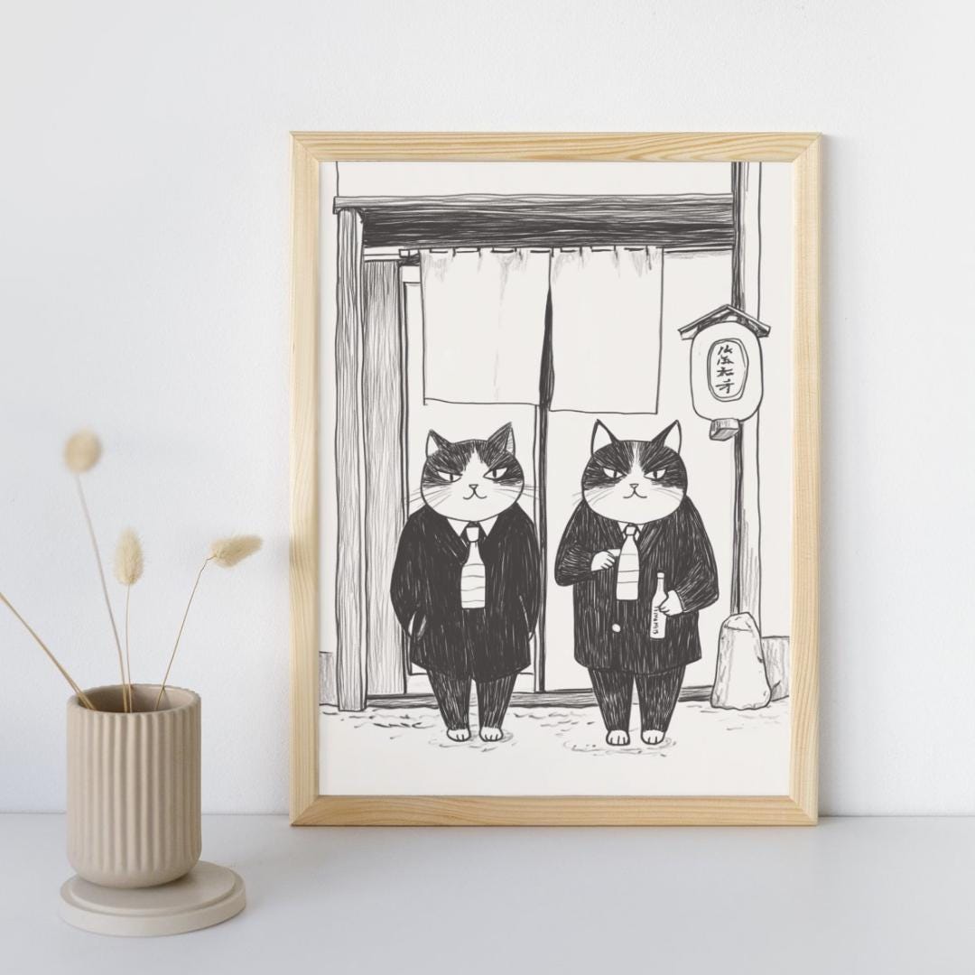 Vintage Japanese Cat Drawing Poster - Funny Animal Print, Kitchen Wall ...