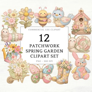 Patchwork Spring Garden PNG, Quilted Floral Sublimation Design, Cottagecore Clipart, Shabby Chic Fabric Applique, Vintage Flower PNG