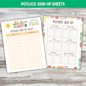 Potluck Sign-Up Sheet, Sign-Up Sheet for July 4th BBQ Summer Parties, Printable Sign-Up Sheet for Office