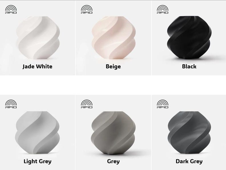 Puede incluir: Colecci&oacute;n de seis jarrones decorativos en espiral de varios colores: Jade White, Beige, Negro, Gris claro, Gris y Gris oscuro. Cada jarr&oacute;n tiene el logo "RFID".